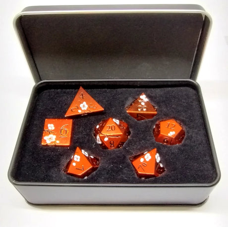 Plum Blossom Dice Kit - Orange in a Metal Box